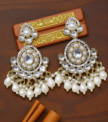 Ethnic Gold Plated Kundan Chandbali Earrings for Women, Traditional Indian Jhumka Drop Earring Set with Pearl & Stone Detailing, Perfect for Wedding, Festival, Party and Gifting