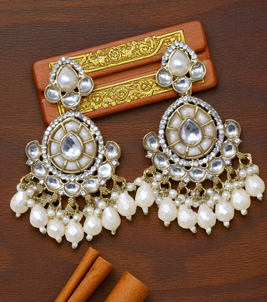 Ethnic Gold Plated Kundan Chandbali Earrings for Women, Traditional Indian Jhumka Drop Earring Set with Pearl & Stone Detailing, Perfect for Wedding, Festival, Party and Gifting
