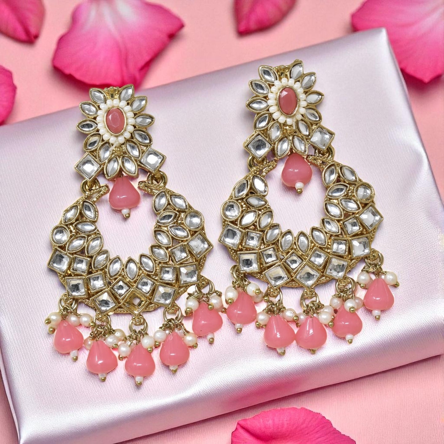 Ethnic Gold Plated Kundan Chandbali Earrings for Women, Traditional Indian Jhumka Drop Earring Set with Pearl & Stone Detailing, Perfect for Wedding, Festival, Party and Gifting