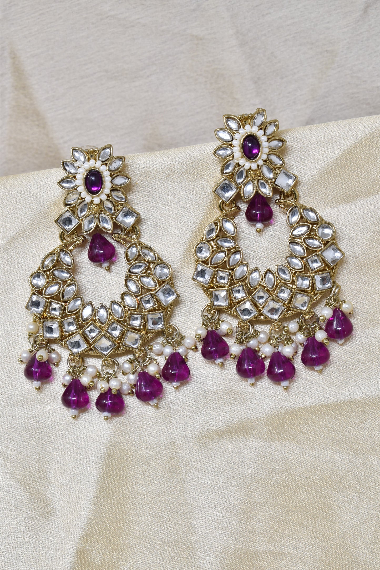 Ethnic Gold Plated Kundan Chandbali Earrings for Women, Traditional Indian Jhumka Drop Earring Set with Pearl & Stone Detailing, Perfect for Wedding, Festival, Party and Gifting