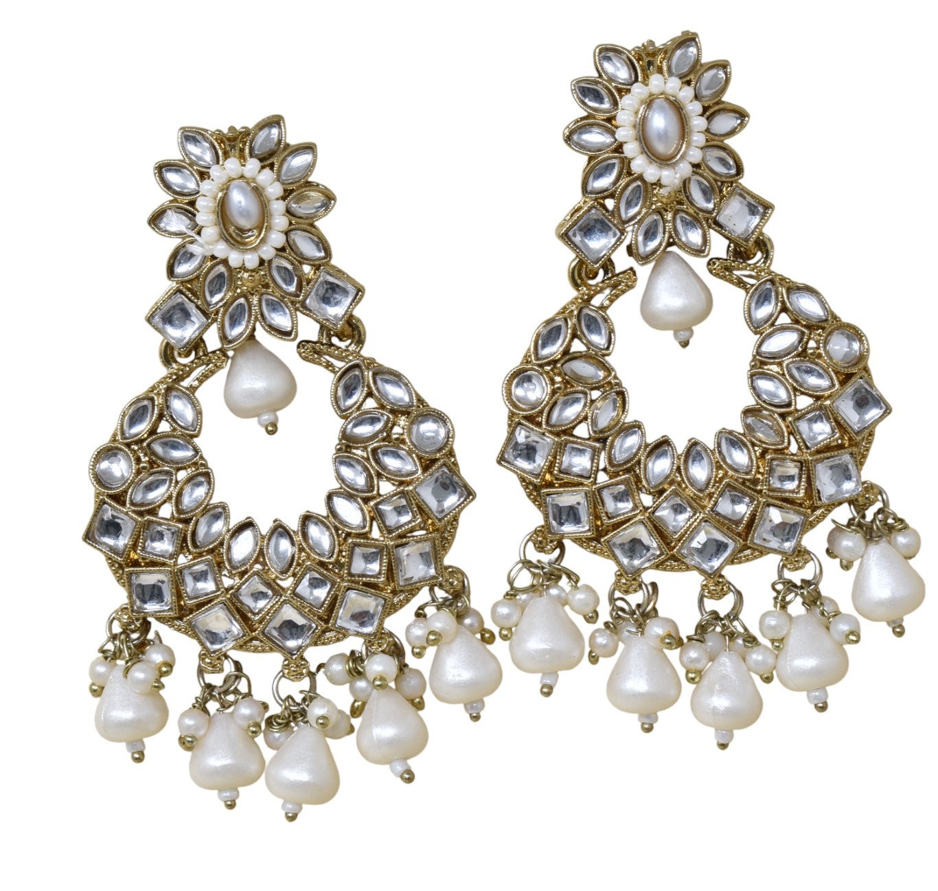 Ethnic Gold Plated Kundan Chandbali Earrings for Women, Traditional Indian Jhumka Drop Earring Set with Pearl & Stone Detailing, Perfect for Wedding, Festival, Party and Gifting