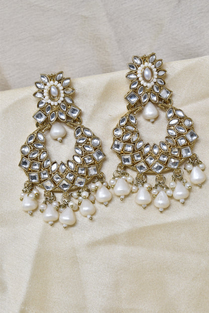 Ethnic Gold Plated Kundan Chandbali Earrings for Women, Traditional Indian Jhumka Drop Earring Set with Pearl & Stone Detailing, Perfect for Wedding, Festival, Party and Gifting