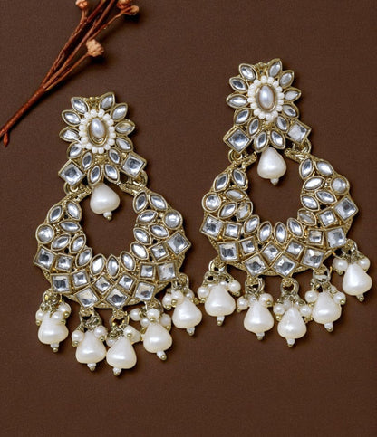 Ethnic Gold Plated Kundan Chandbali Earrings for Women, Traditional Indian Jhumka Drop Earring Set with Pearl & Stone Detailing, Perfect for Wedding, Festival, Party and Gifting