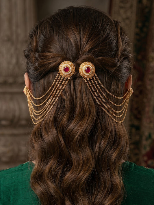 Traditional Multi-Layer Gold-Toned Ear Cuff Hair Chain for Women
