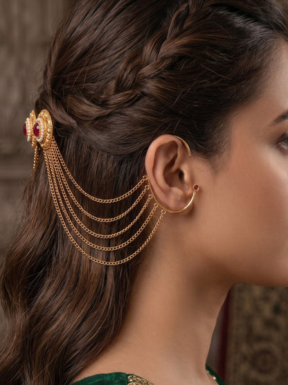 Traditional Multi-Layer Gold-Toned Ear Cuff Hair Chain for Women