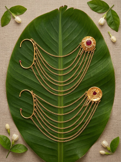 Traditional Multi-Layer Gold-Toned Ear Cuff Hair Chain for Women
