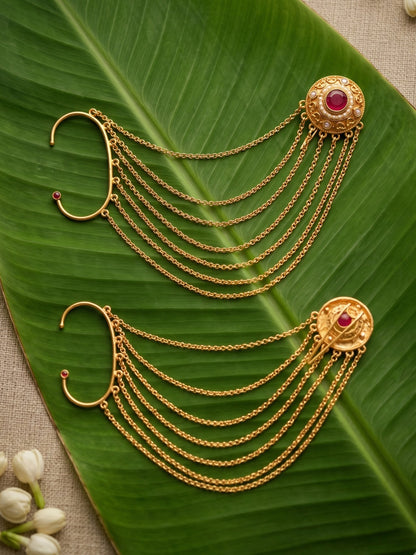 Traditional Multi-Layer Gold-Toned Ear Cuff Hair Chain for Women