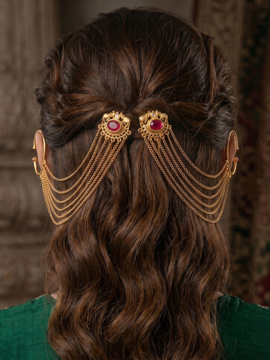 Traditional Multi-Layer Gold-Toned Ear Cuff Hair Chain for Women