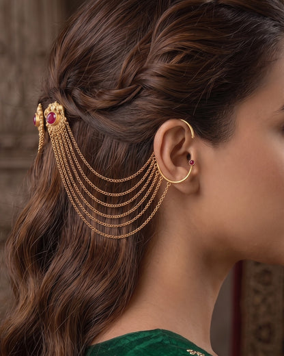 Traditional Multi-Layer Gold-Toned Ear Cuff Hair Chain for Women