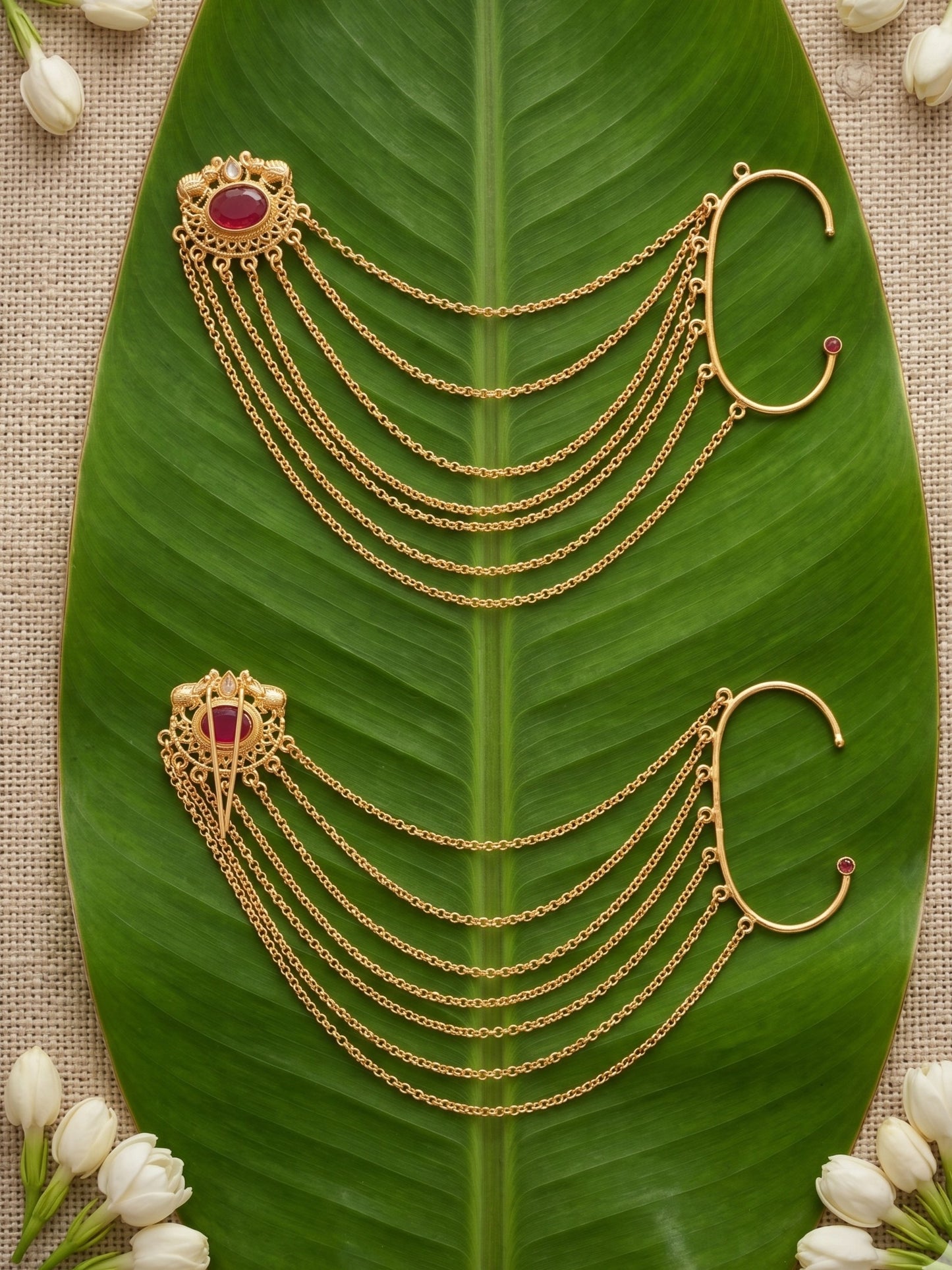Traditional Multi-Layer Gold-Toned Ear Cuff Hair Chain for Women