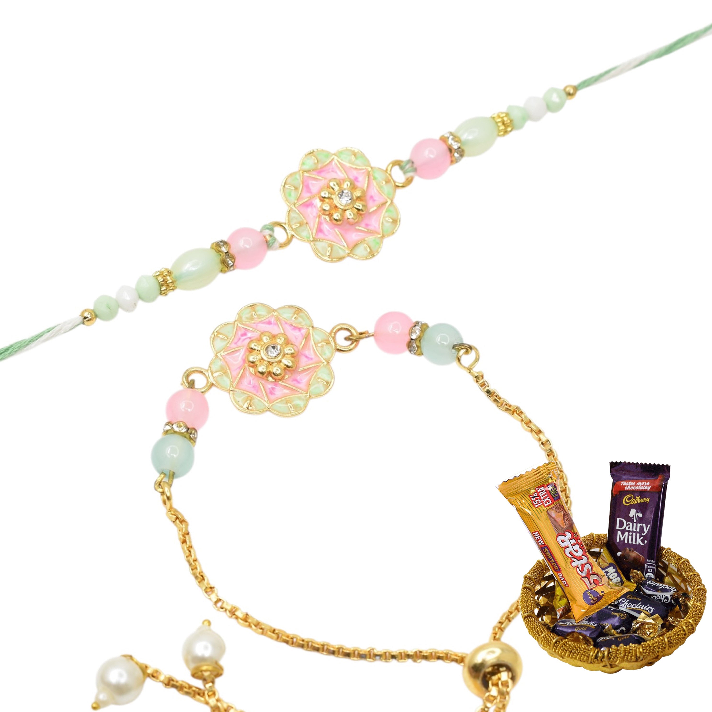 Meira Jewellery Meenakari Kundan Floral Pastel Pink Bhaiya Bhabhi Rakhi ...