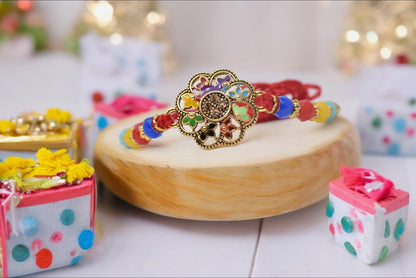 Divine Flower Pattern Meenakari RakhiSet of 2 Rakhi  Made from Cotton Threds with Pack of Roli Chawal n Rakshabandhan Greetings Card |rakhi for brother|Bhaiya Rakhi | Kids rakhi |Rakhi for kids|Rakhi for Bhaiya