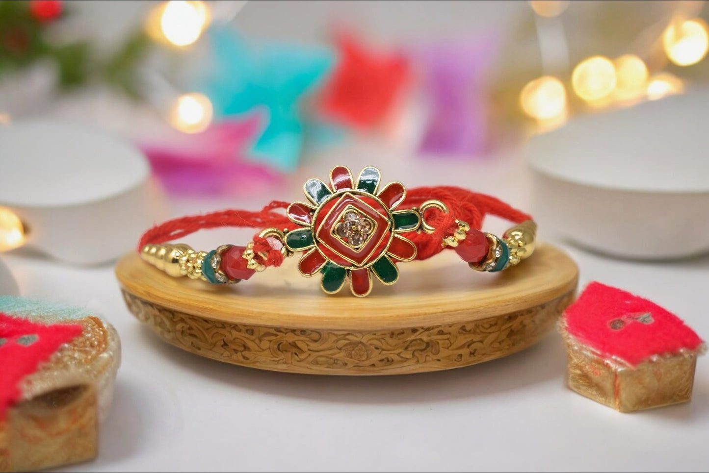 Stylish Green n Red Meenakari Ethnic Rakhis Set of 5 Rakhi   with Pack of Roli Chawal n Card |rakhi for brother|Bhaiya Rakhi | Kids rakhi |Rakhi for kids|Rakhi for Bhaiya