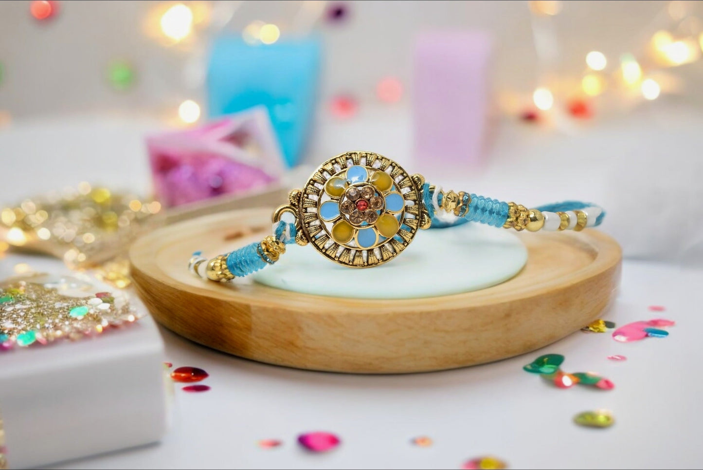 Antique  Blue n yellow Gold Plated CZ Rakhis1 Rakhi Made from Cotton Threds with Pack of Roli Chawal n Rakshabandhan Greetings Card |rakhi for brother|Bhaiya Rakhi | Kids rakhi |Rakhi for kids|Rakhi for Bhaiya