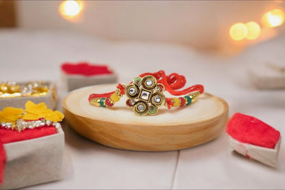 Antique DesignerJadau Kundan Studded Multicolored Flower Rakhis Set of 2 Rakhi  Made from Cotton Threds with Pack of Roli Chawal n Rakshabandhan Greetings Card |rakhi for brother|Bhaiya Rakhi | Kids rakhi |Rakhi for kids|Rakhi for Bhaiya