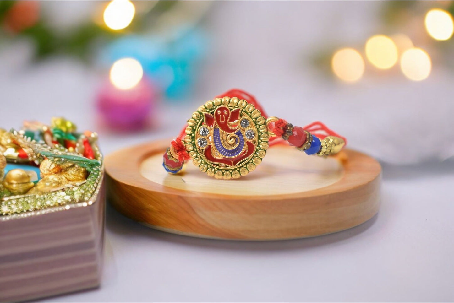 Spiritual  Lord Ganesha Rakhis 1 Rakhi Made from Cotton Threds with Pack of Roli Chawal n Rakshabandhan Greetings Card |rakhi for brother|Bhaiya Rakhi | Kids rakhi |Rakhi for kids|Rakhi for Bhaiya