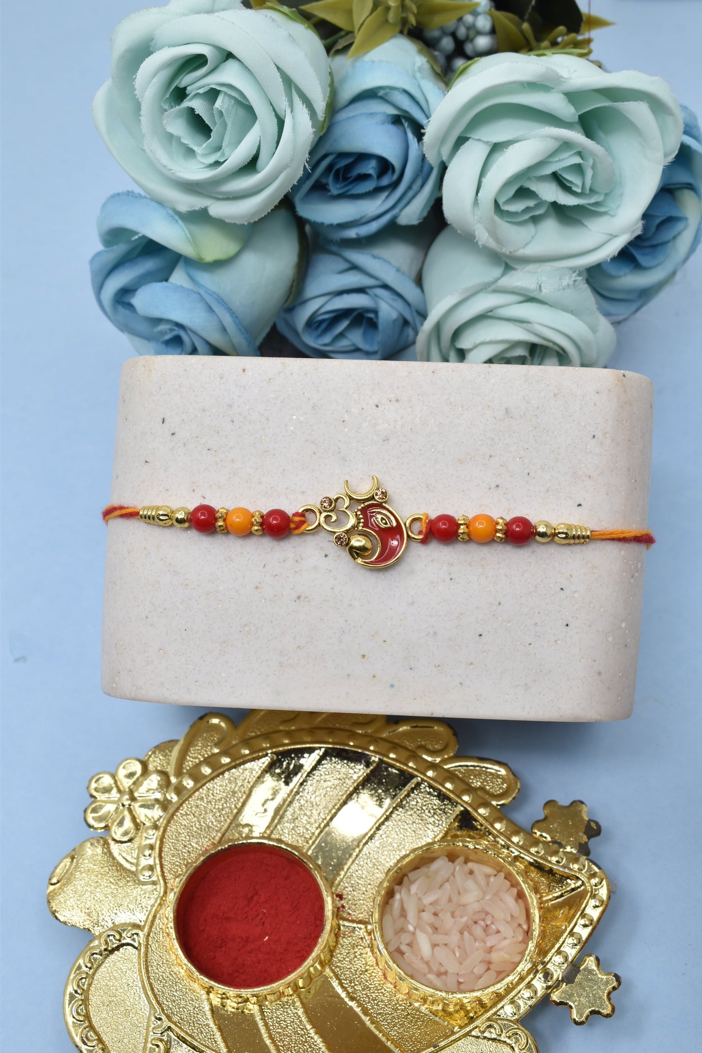 Divine OM with Lord Ganesha RakhisSet of 2 Rakhi  Made from Cotton Threds with Pack of Roli Chawal n Rakshabandhan Greetings Card |rakhi for brother|Bhaiya Rakhi | Kids rakhi |Rakhi for kids|Rakhi for Bhaiya