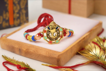 Elegant Lord Ganesh with multicolored maanakari rakhi Set of 5 Rakhi   with Pack of Roli Chawal n Card |rakhi for brother|Bhaiya Rakhi | Kids rakhi |Rakhi for kids|Rakhi for Bhaiya