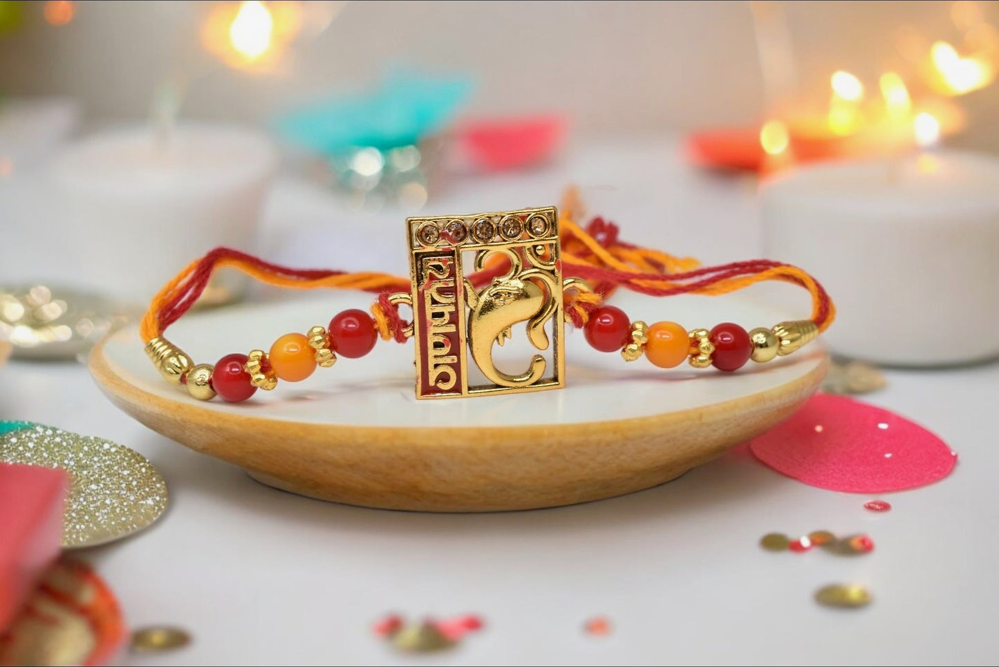 Elegant Lord Ganesh with OM Gold plated Antique rakhi1 Rakhi Made from Cotton Threds with Pack of Roli Chawal n Rakshabandhan Greetings Card |rakhi for brother|Bhaiya Rakhi | Kids rakhi |Rakhi for kids|Rakhi for Bhaiya