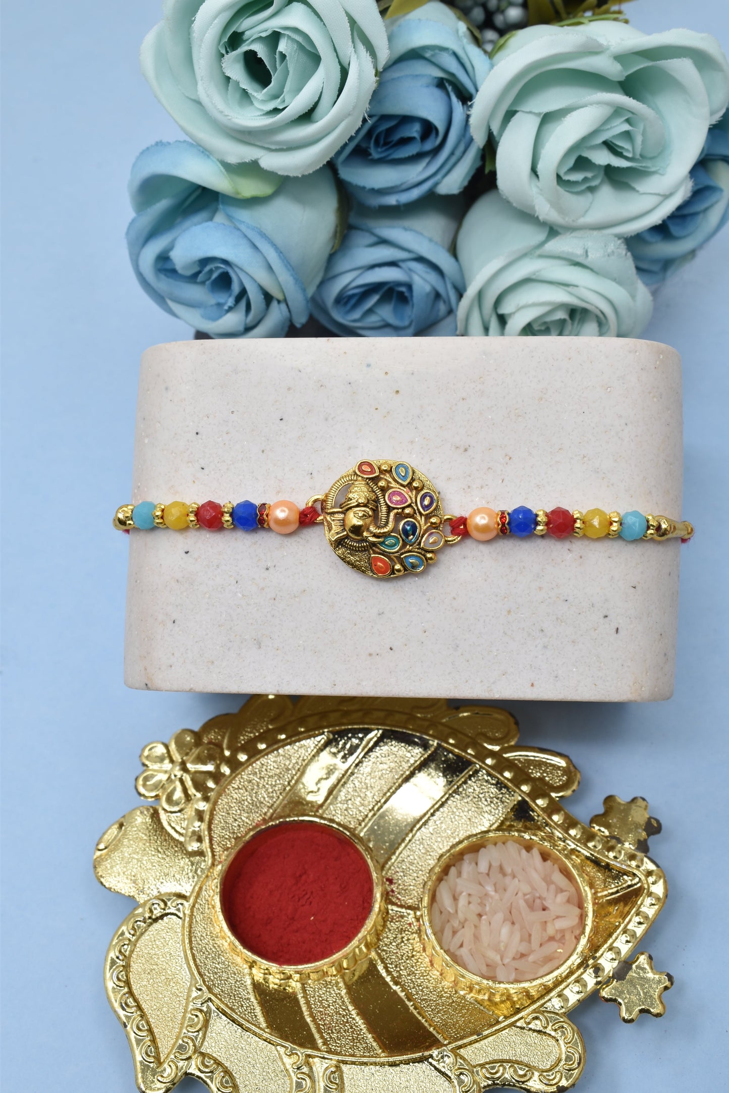 Elegant Lord Ganesh with Peacock style Gold plated Antique rakhi Set of 5 Rakhi   with Pack of Roli Chawal n Card |rakhi for brother|Bhaiya Rakhi | Kids rakhi |Rakhi for kids|Rakhi for Bhaiya