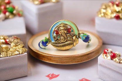 Spiritual  Lord Ganesha Meenakari Rakhis  Set of 3 Rakhi   with Pack of Roli Chawal n Card |rakhi for brother|Bhaiya Rakhi | Kids rakhi |Rakhi for kids|Rakhi for Bhaiya