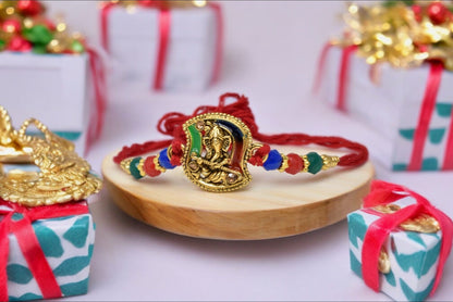 Leaf Design Lord Ganesha Rakhis Set of 5 Rakhi   with Pack of Roli Chawal n Card |rakhi for brother|Bhaiya Rakhi | Kids rakhi |Rakhi for kids|Rakhi for Bhaiya