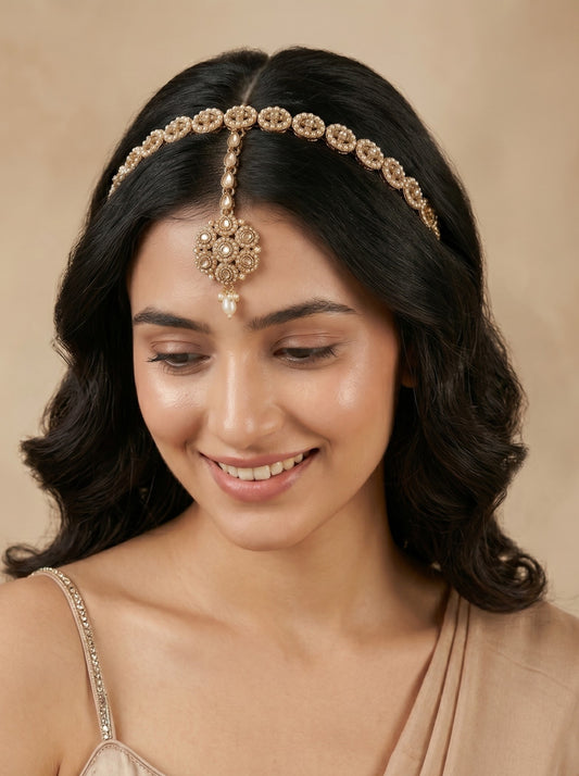 Women's Traditional Pearl & Stone Studded Ethnic Maang Tikka Hair Band