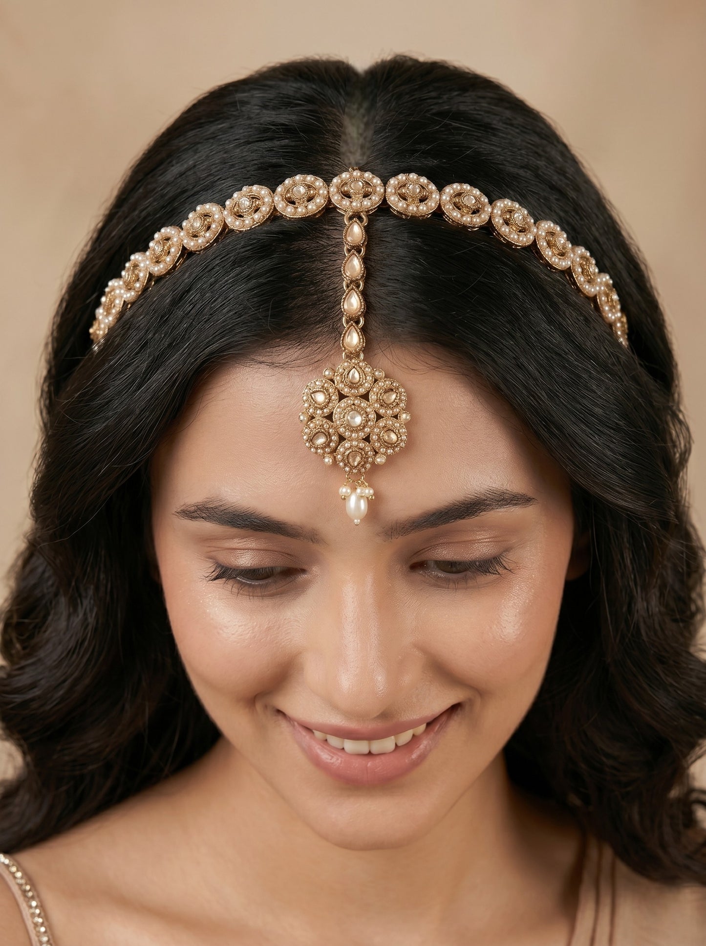 Women's Traditional Pearl & Stone Studded Ethnic Maang Tikka Hair Band