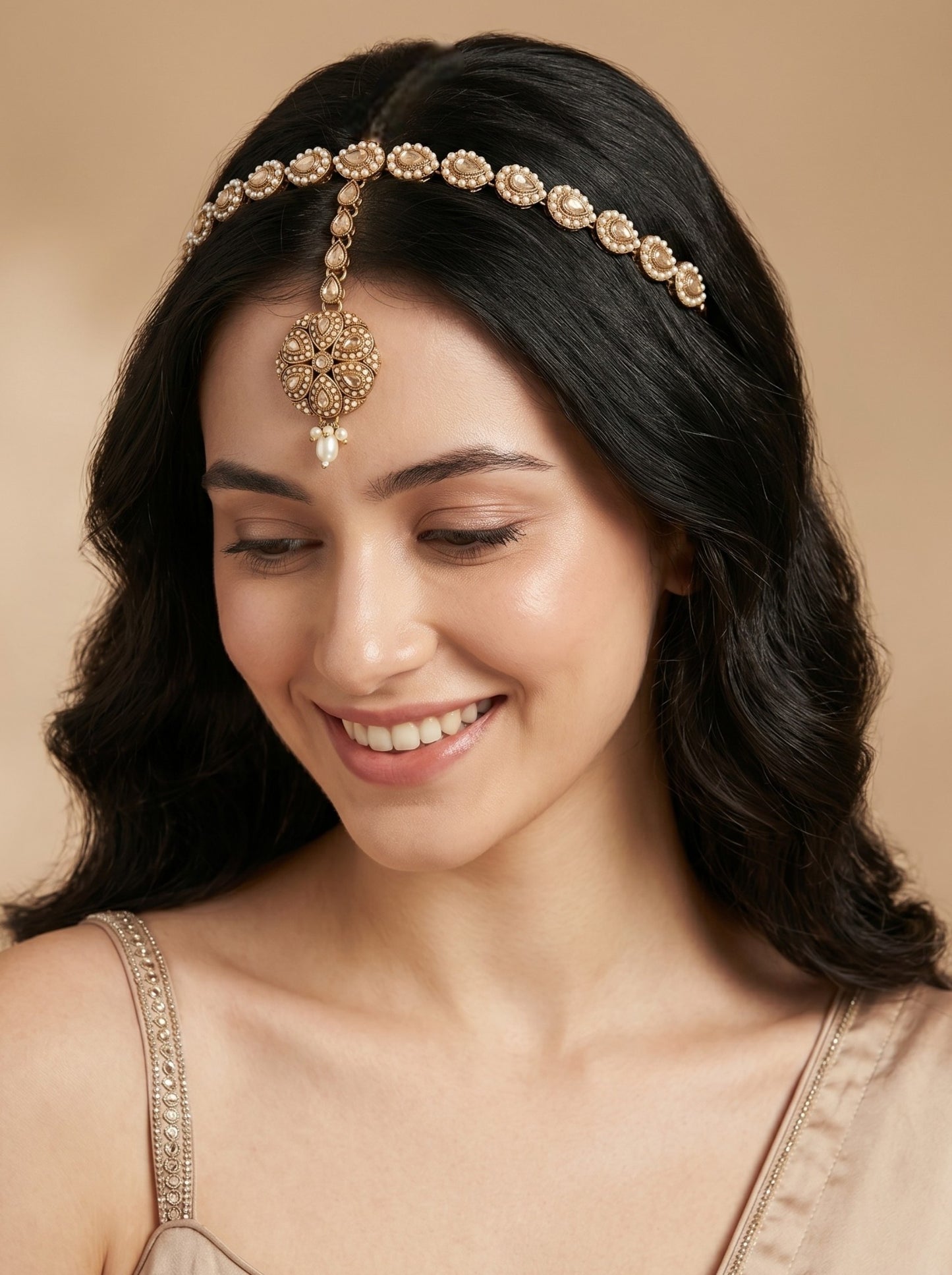 Women's Traditional Pearl & Stone Studded Ethnic Maang Tikka Hair Band