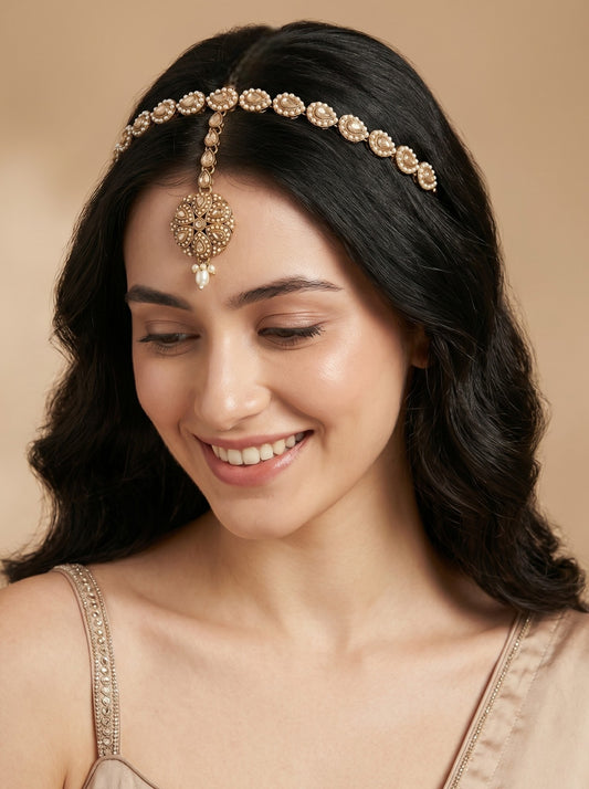 Women's Traditional Pearl & Stone Studded Ethnic Maang Tikka Hair Band