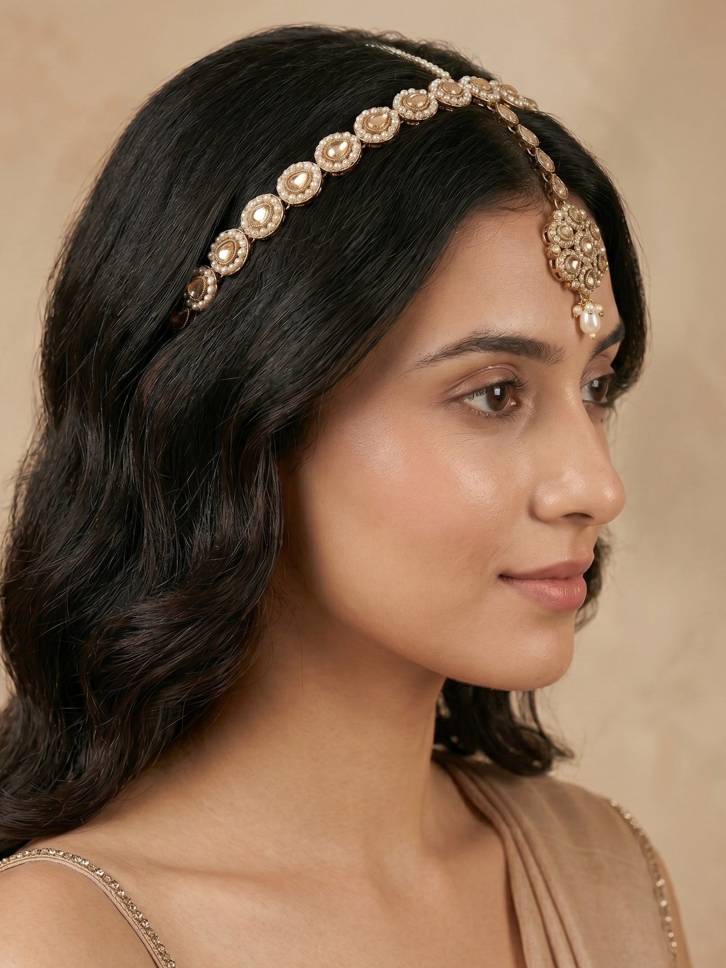 Women's Traditional Pearl & Stone Studded Ethnic Maang Tikka Hair Band