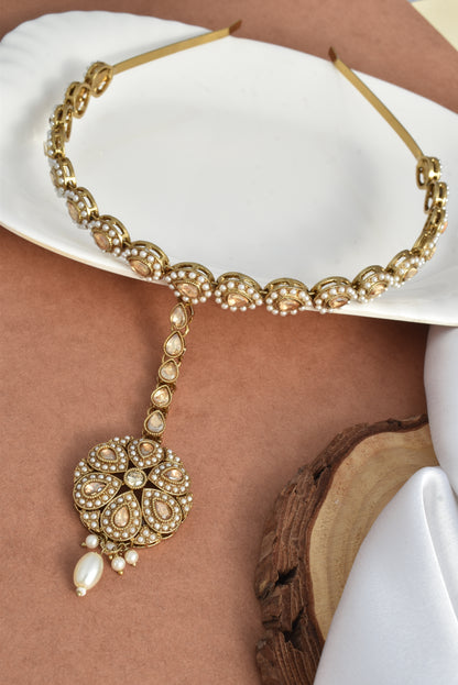 Women's Traditional Pearl & Stone Studded Ethnic Maang Tikka Hair Band
