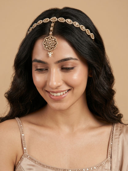 Women's Traditional Pearl & Stone Studded Ethnic Maang Tikka Hair Band