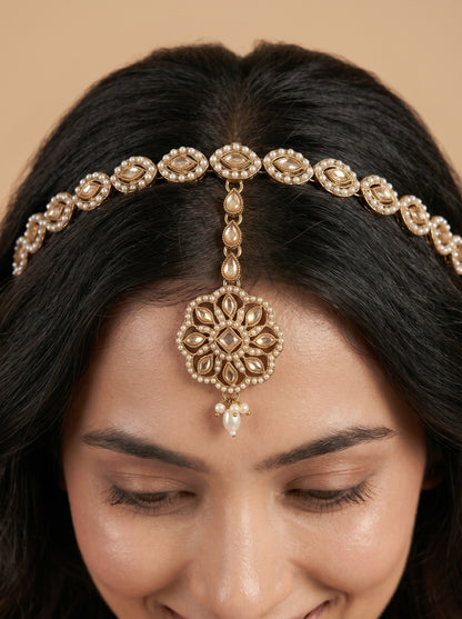 Women's Traditional Pearl & Stone Studded Ethnic Maang Tikka Hair Band
