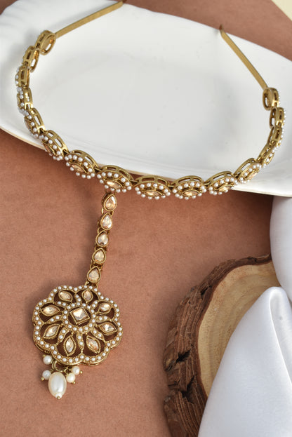 Women's Traditional Pearl & Stone Studded Ethnic Maang Tikka Hair Band