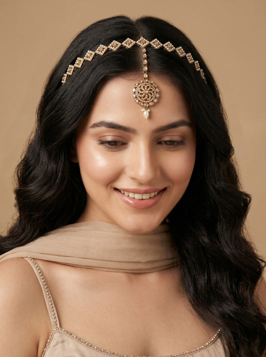 Women's Traditional Pearl & Stone Studded Ethnic Maang Tikka Hair Band