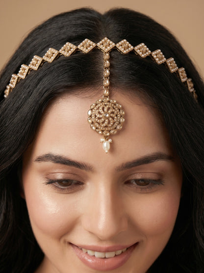 Women's Traditional Pearl & Stone Studded Ethnic Maang Tikka Hair Band