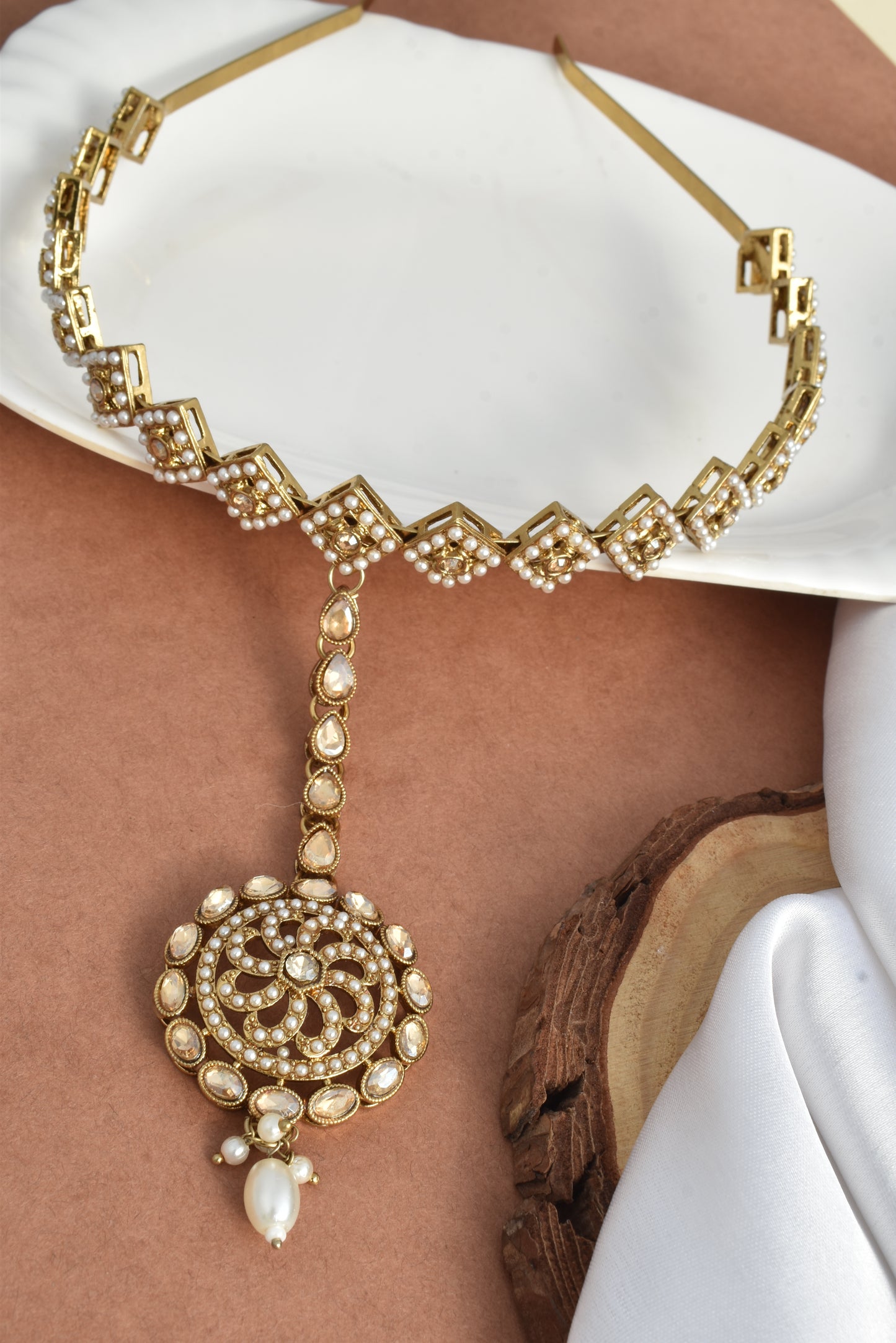Women's Traditional Pearl & Stone Studded Ethnic Maang Tikka Hair Band