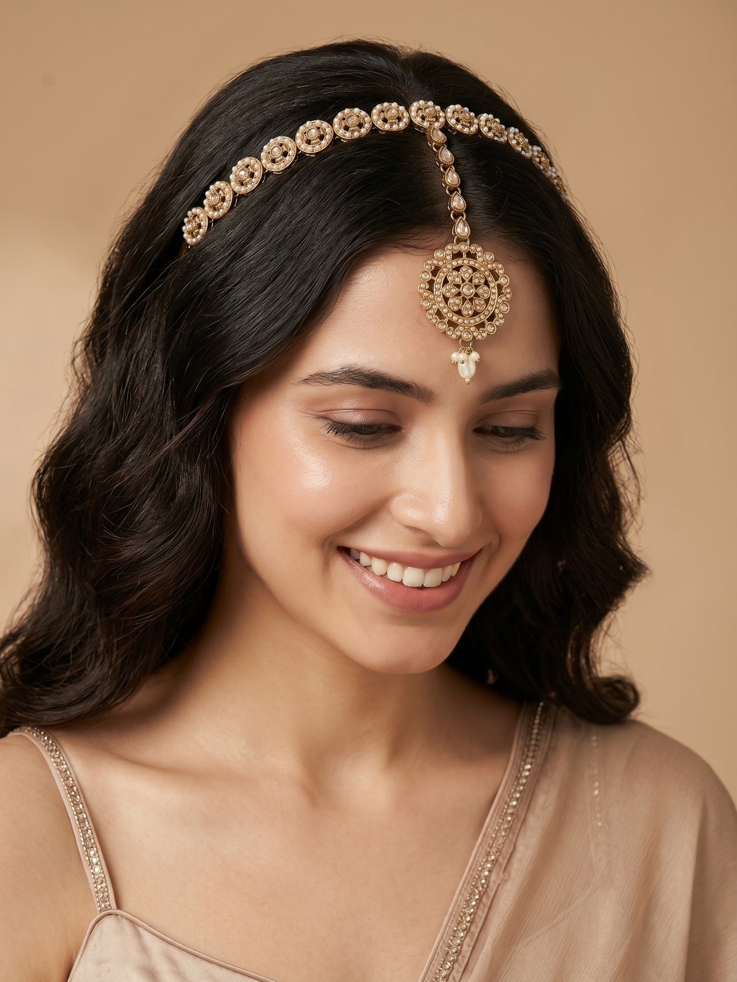 Women's Traditional Pearl & Stone Studded Ethnic Maang Tikka Hair Band