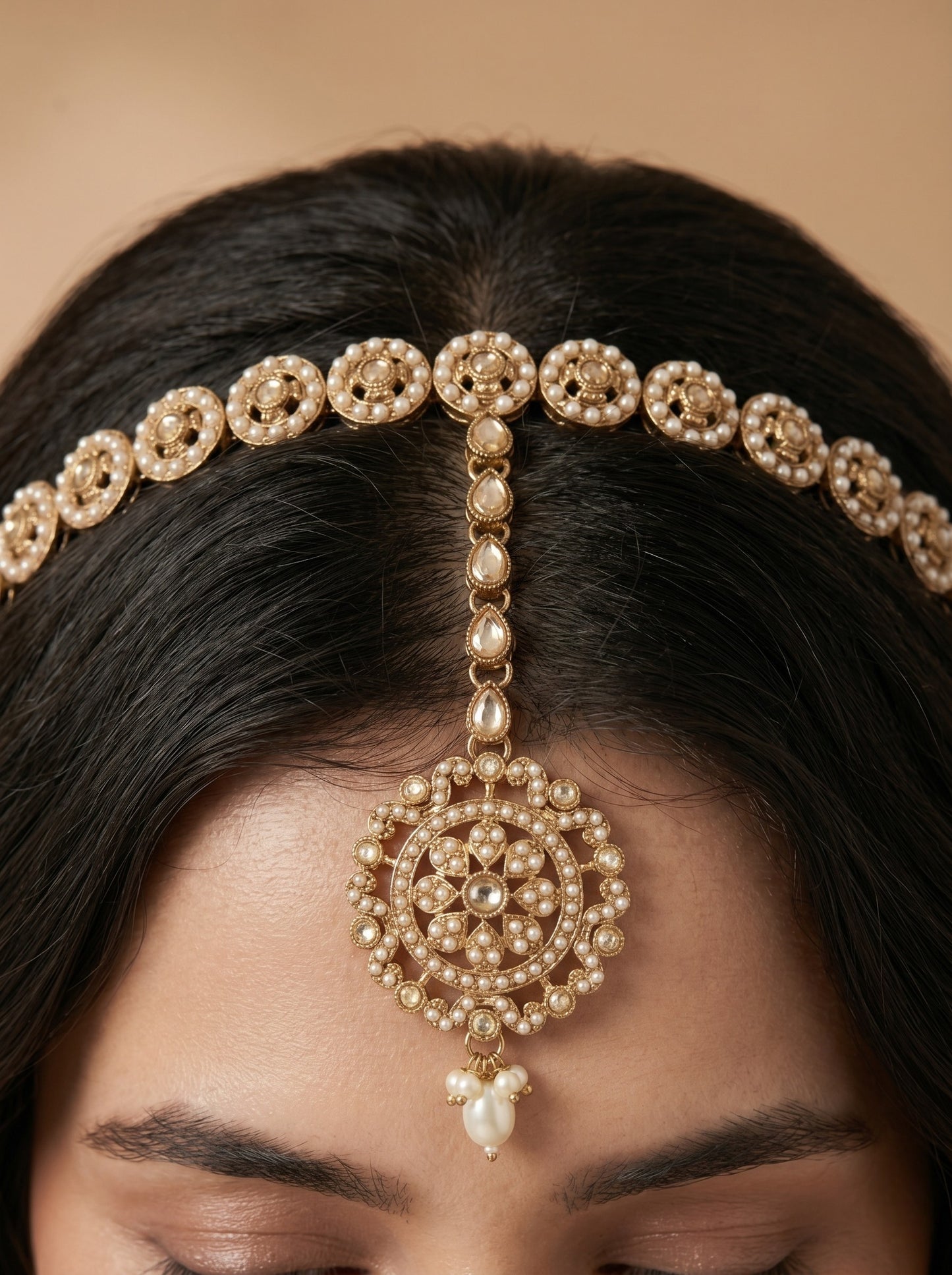 Women's Traditional Pearl & Stone Studded Ethnic Maang Tikka Hair Band