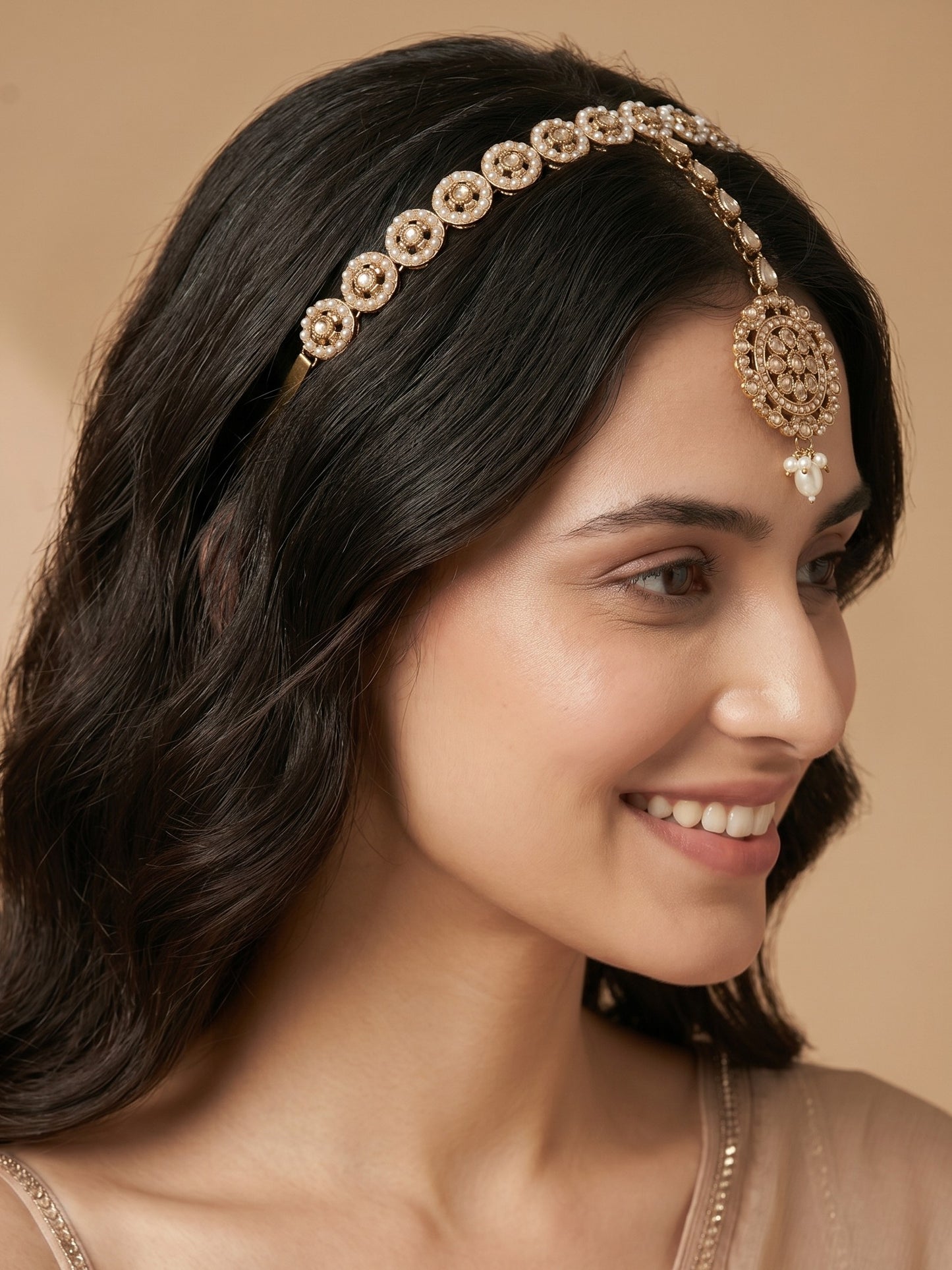 Women's Traditional Pearl & Stone Studded Ethnic Maang Tikka Hair Band