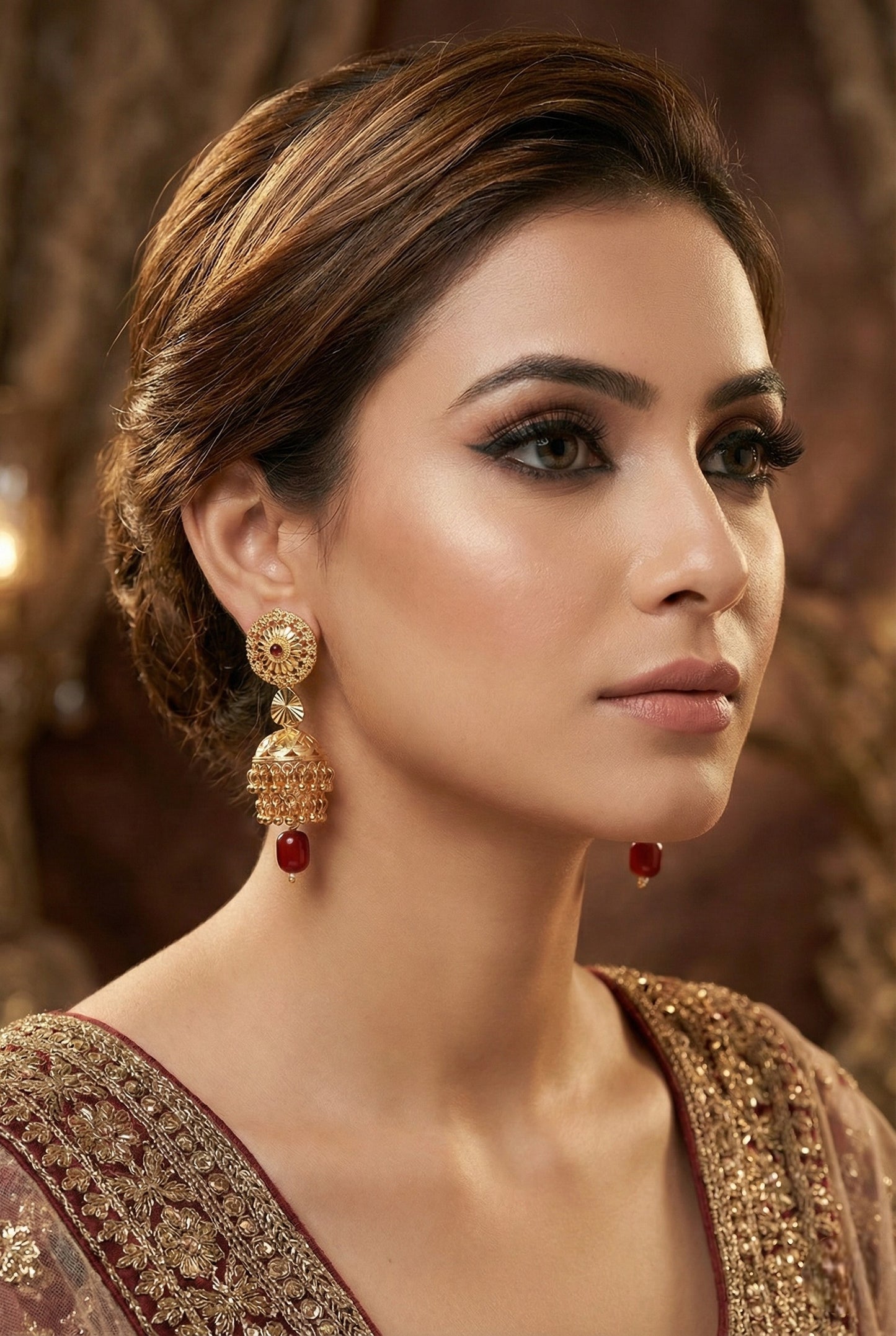 Traditional Gold Toned Jhumka Earrings with Red Beaded Ear Chain for Women, Floral Disc Temple Jewellery Style, South Indian Bridal Jewellery, Festive Ethnic Statement Earrings for Saree & Lehenga