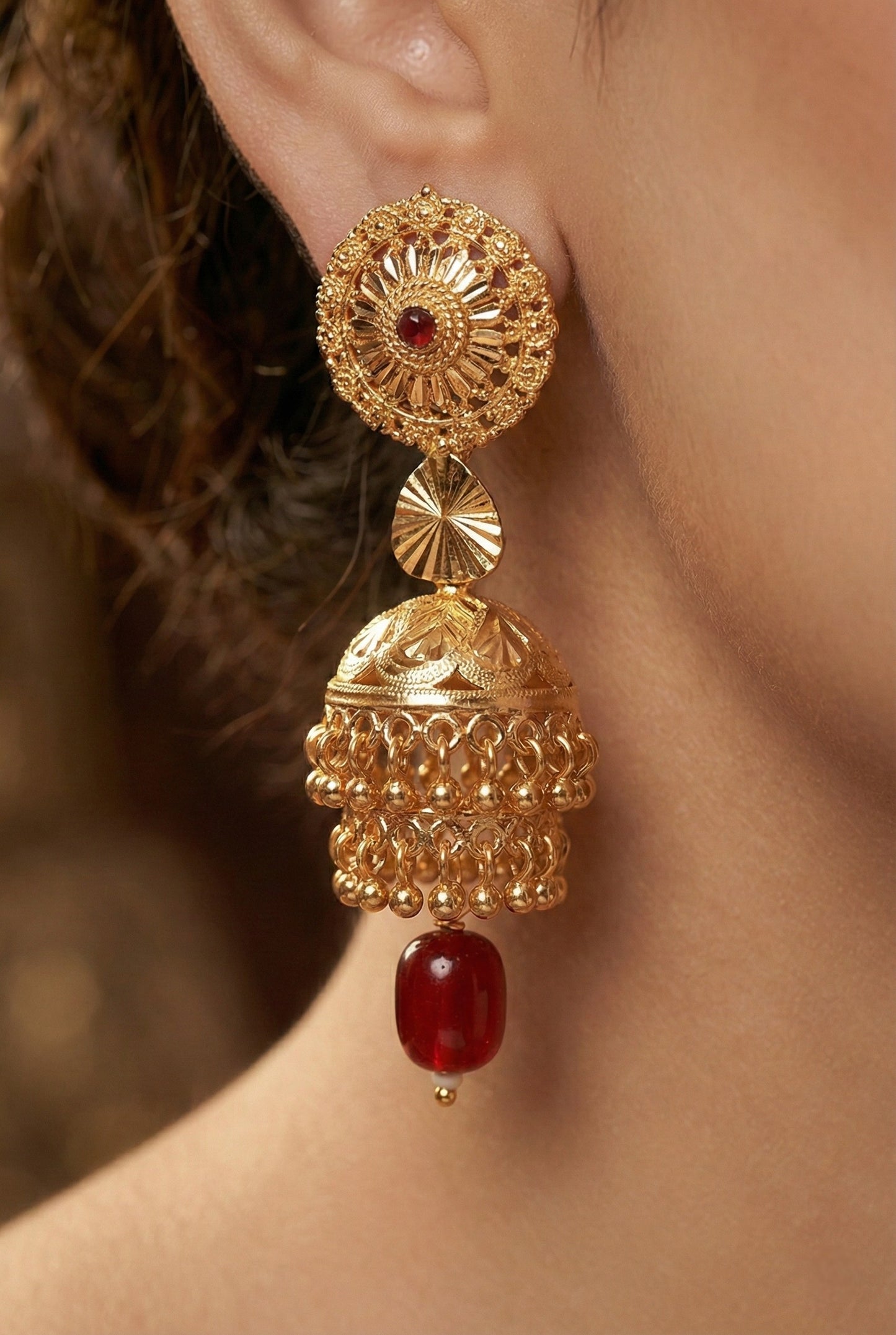 Traditional Gold Toned Jhumka Earrings with Red Beaded Ear Chain for Women, Floral Disc Temple Jewellery Style, South Indian Bridal Jewellery, Festive Ethnic Statement Earrings for Saree & Lehenga
