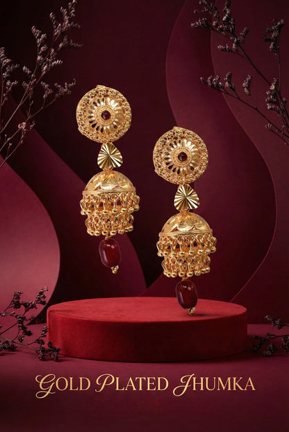 Traditional Gold Toned Jhumka Earrings with Red Beaded Ear Chain for Women, Floral Disc Temple Jewellery Style, South Indian Bridal Jewellery, Festive Ethnic Statement Earrings for Saree & Lehenga