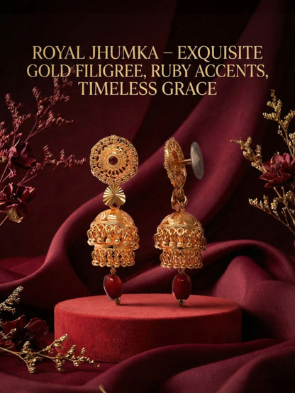 Traditional Gold Toned Jhumka Earrings with Red Beaded Ear Chain for Women, Floral Disc Temple Jewellery Style, South Indian Bridal Jewellery, Festive Ethnic Statement Earrings for Saree & Lehenga