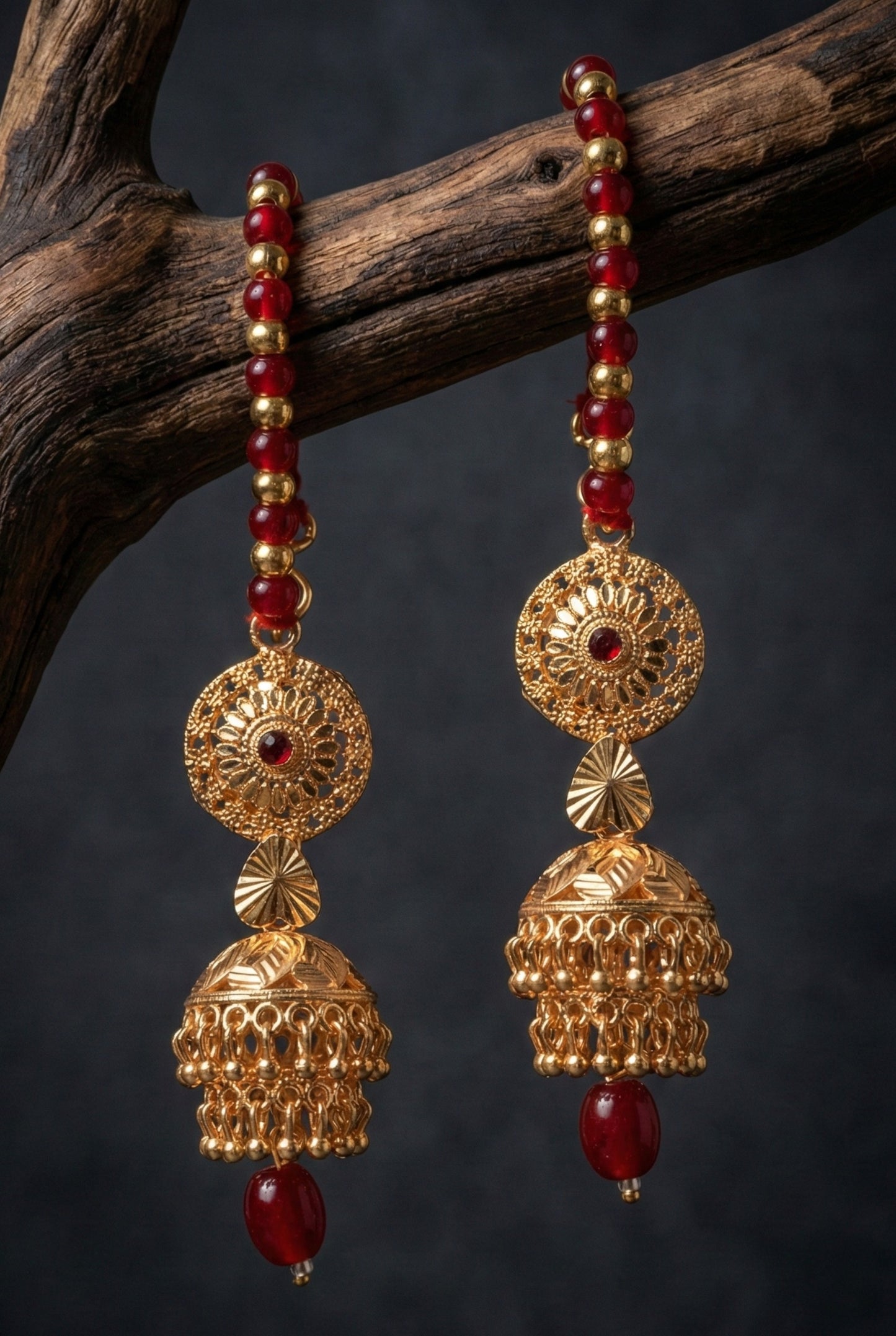 Meira Jewellery Gold Toned Floral Disc Jhumka Earrings with Red Bead Thread for Women, South Indian Temple Style Jewellery, Wedding Intricate Dome Statement Earrings for Festive Saree & Ethnic Outfits