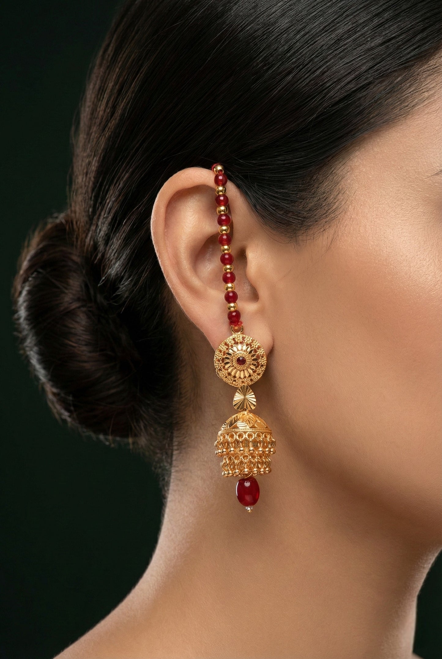 Meira Jewellery Gold Toned Floral Disc Jhumka Earrings with Red Bead Thread for Women, South Indian Temple Style Jewellery, Wedding Intricate Dome Statement Earrings for Festive Saree & Ethnic Outfits