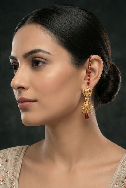 Meira Jewellery Gold Toned Floral Disc Jhumka Earrings with Red Bead Thread for Women, South Indian Temple Style Jewellery, Wedding Intricate Dome Statement Earrings for Festive Saree & Ethnic Outfits