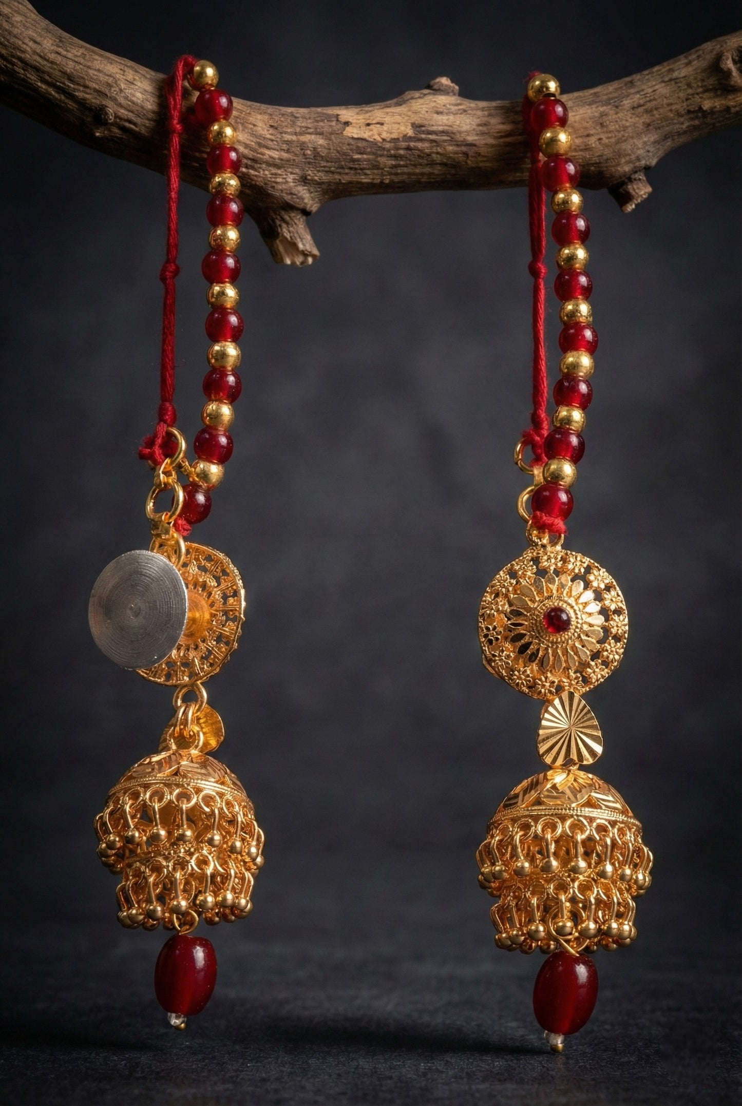 Meira Jewellery Gold Toned Floral Disc Jhumka Earrings with Red Bead Thread for Women, South Indian Temple Style Jewellery, Wedding Intricate Dome Statement Earrings for Festive Saree & Ethnic Outfits