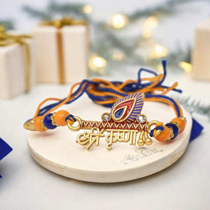 Rakhi Shree Krishana with Blue n orange Beads Morpankh Rakhis Set of 3 Rakhi   with Pack of Roli Chawal n Card |rakhi for brother|Bhaiya Rakhi | Kids rakhi |Rakhi for kids|Rakhi for Bhaiya